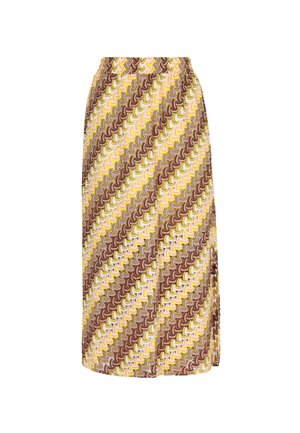 Gonna maxi con un motivo geometrico in marrone, giallo e rosa. Realizzata in tessuto leggero con vita elastica e spacco laterale.