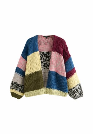 Chunky stickad cardigan med lapptäcktsdesign som har färgerna blå, burgundy, rosa, gul, oliv och svart, med överdimensionerade ärmar och öppen framsida.