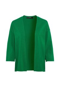 Groene open voorkardigan met driekwartmouwen, gemaakt van zachte stof. Heeft een ontspannen pasvorm en een gladde textuur zonder sluitingen.