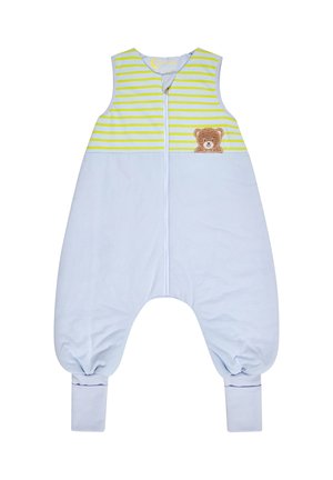 Ärmelloser Baby-Strampler mit gelb-weiß gestreiftem Oberteil, hellblauem Unterteil, Vorderreißverschluss und kleinem Teddybär-Aufnäher auf der Brust.