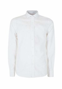 Camicia bianca a maniche lunghe con colletto classico, texture liscia e orlo dritto. Nessun motivo o dettaglio visibile.