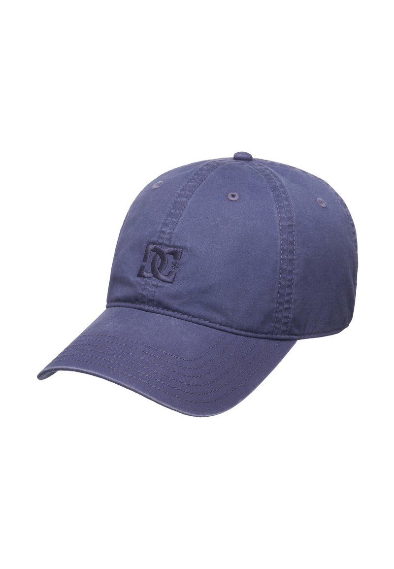 Navy blue baseball cap made of textured fabric, featuring a stitched logo on the front and six ventilation eyelets. Curved peak design.