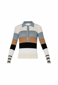 Geribbelde gebreide sweater met lange mouwen en een kraag; voorzien van horizontale strepen in grijs, bruin, zwart, wit en subtiele metallic accenten.