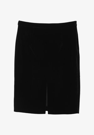 Gonna nera in velluto con un design aderente, caratterizzata da uno spacco frontale e una texture sottile. Lunghezza fino a metà coscia con un cinturino morbido.