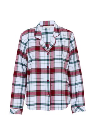 Rood, groen en wit geruite pyjama-top, lange mouwen, kraag, knopenfront en afgewerkte accenten. Katoenen stof met een zachte textuur.