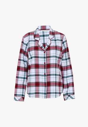Czerwono-zielono-biała koszula piżamowa w kratę, z długimi rękawami, kołnierzykiem, zapięciem na guziki z przodu i wykończeniami w kontrastowym kolorze. Bawełniany materiał o miękkiej teksturze.