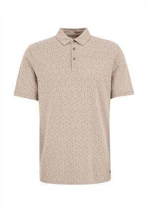 Beige polo shirt with a diamond pattern, short sleeves, a collared neck, and three gray buttons at the front. Smooth fabric texture.