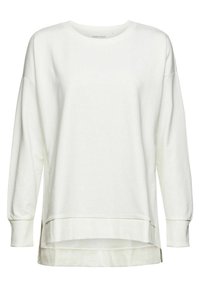 Sudadera blanca de manga larga en tejido suave, con cuello redondo, hombros caídos y dobladillo partido para un ajuste holgado.