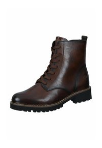 Bottine en cuir marron avec bout rond, lacets à l'avant, surface texturée, semelle en caoutchouc et détails de surpiqûre contrastants.