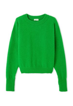 Groen gebreid sweater met een ronde halslijn en lange mouwen. Heeft ribgebreide boorden en een rand. Zachte textuur en een ontspannen pasvorm.