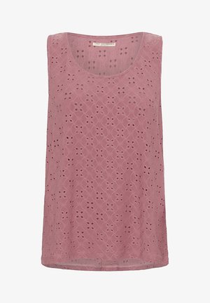 Mouwloos, lichtroze tanktop met ingewikkelde opengewerkte patronen, een ronde hals en een ontspannen pasvorm. Zacht, ademend materiaal.