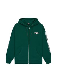 Tmavozelená mikina na zips s prednými vreckami, čiernymi šnúrkami na stiahnutie, bielym plameňovým logom na hrudníku a bielym textom na pravej rukáve.
