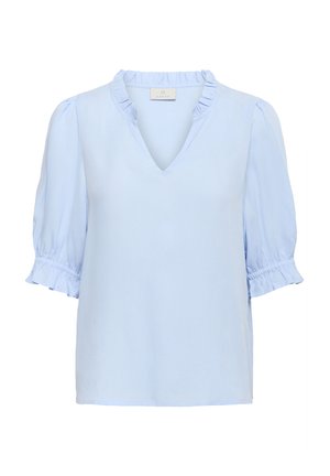 Blusa azzurro chiaro con scollatura a V e colletto arruffato. Presenta maniche a sbuffo corte con dettagli arruffati ai polsini. Tessuto liscio e morbido.