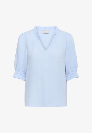 Bluză bleu deschis cu decolteu în V și guler cu volane. Are mâneci scurte, cu efect pufoș și detaliu din volane la manșete. Material neted și moale.
