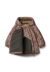 Jas met bloemenpatroon en een afneembare olijfgroene fleece voering. Voorzien van een capuchon, elastische manchetten en een ritssluiting.