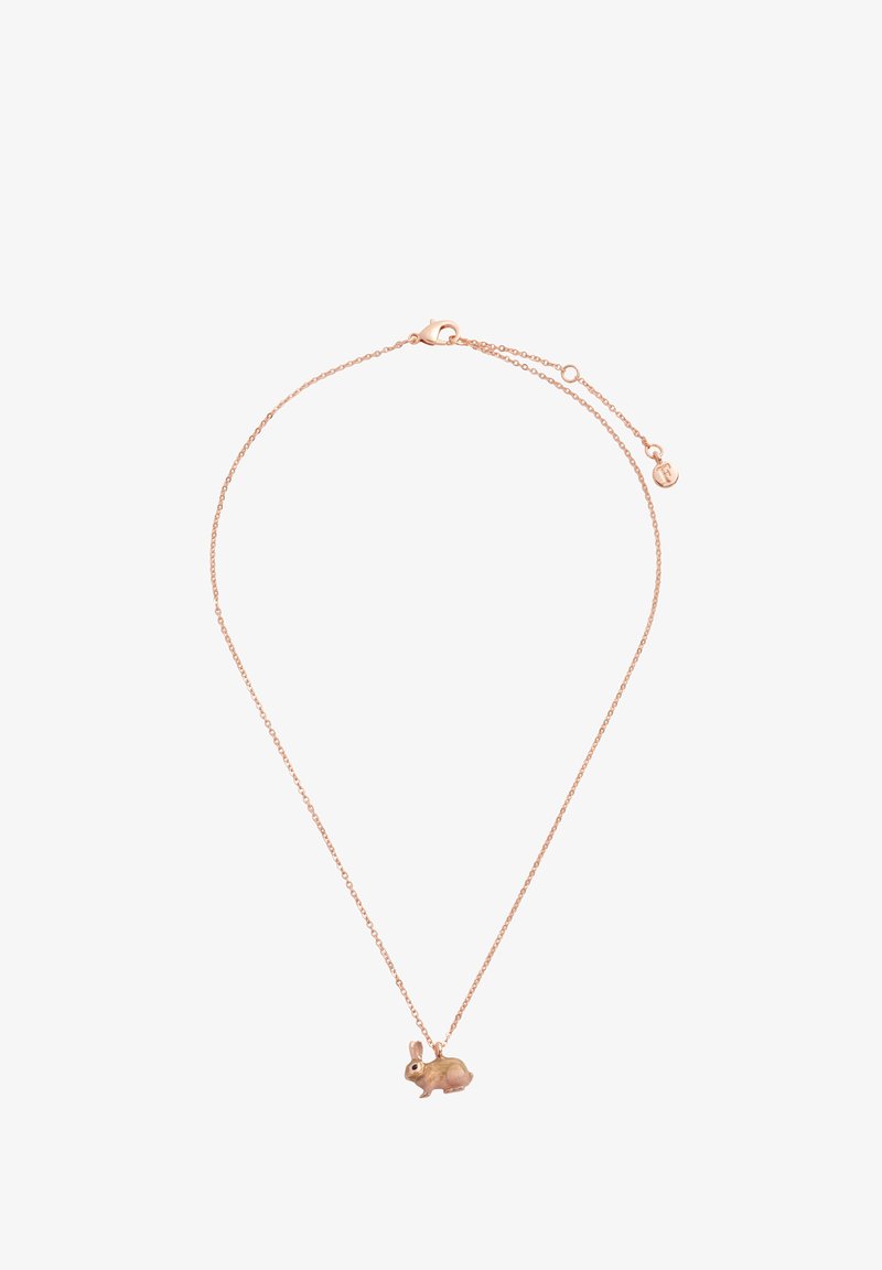 Náhrdelník z ružového zlata s malým príveskom vo forme zajaca. Reťaz je jemná, s karabínkou a funkciou nastaviteľnej dĺžky.
