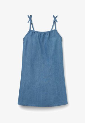 Vestido de denim azul sin mangas con tirantes finos atados en lazos, escote fruncido y dobladillo recto.