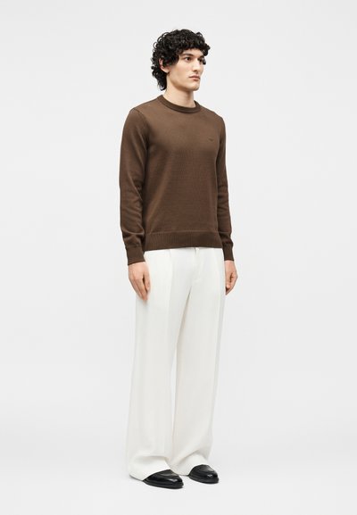 Mees seisab, kandmas pruuni pikamaust kampsunit, valgeid laiade säärtega pükse ja musti kingi ühtlasel heledal taustal.