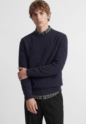 Jonge man met kort krullend haar die een marineblauwe gestructureerde trui draagt over een groene geruite blouse, staand met één arm over zijn lichaam.