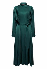 Robe en satin vert émeraude avec un col à revers, des manches longues, une taille cintrée et une ceinture à nouer, dotée d'une jupe fluide longueur cheville.
