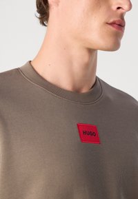 Felpa marrone con colletto a coste, caratterizzata da un importante patch rettangolare rosso con la scritta "HUGO" in nero. Texture liscia.