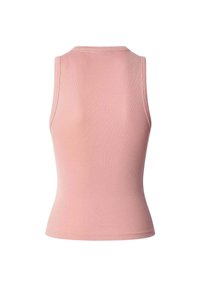 Ružová bezrukávová tank top, ribaná textúra, priliehavý dizajn, vysoký golier a čisto prešívané lemy bez viditeľných štítkov alebo ozdôb.