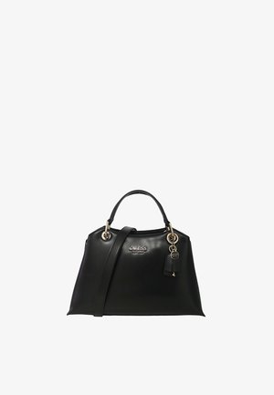 Sac à main en cuir noir avec des accessoires en métal doré. Doté d'une poignée supérieure, d'une sangle amovible et d'une plaque logo à l'avant. Texture lisse.