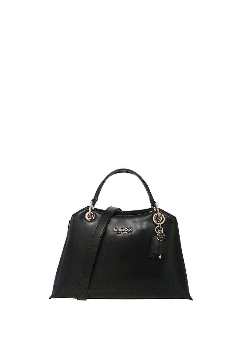 Borsa in pelle nera con hardware dorato. Presenta un manico superiore, una tracolla removibile e una placca con logo sul davanti. Texture liscia.