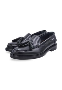 Black leather loafers with tassel detail, rounded toe, and low rubber soles. Features stitched accents and a smooth, glossy finish.
