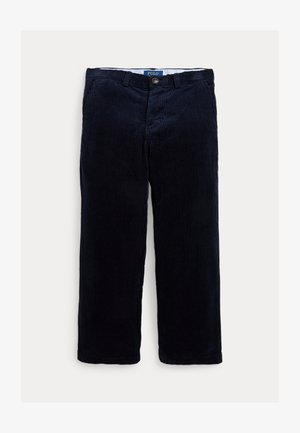 Mornarsko plave kordne hlače s vertikalnom rebrastom teksturom, sa zatvaranjem na gumb i petljama za remen. Dizajn ravnih nogavica, ležeran kroj.