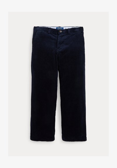 Pantalones de pana azul marino con textura de ribete vertical, que cuentan con un cierre de botón y trabillas para cinturón. Diseño de pierna recta, ajuste casual.