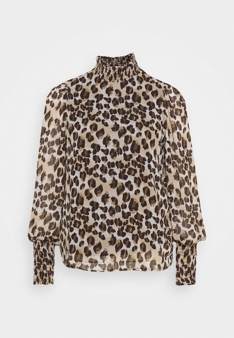 Leopardenmuster-Bluse in Beige und Braun, mit hohem Rüschenkragen und langen Ärmeln mit gerüschten Manschetten, aus leichtem Stoff gefertigt.