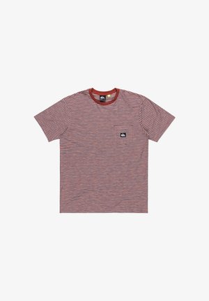 Red and navy striped short-sleeve T-shirt with a round neckline and small left chest pocket featuring a logo patch. Soft texture, casual fit.