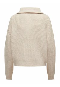 Pull en tricot beige à manches longues, col large et ourlet et poignets côtelés, vu de dos sur un fond blanc.