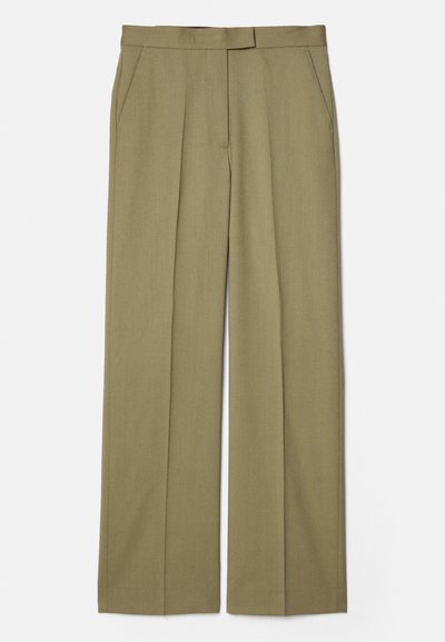 Khaki plisseeritud püksid sirge lõikega, valmistatud tekstuurses materjalis, millel on kaks küljetaskut ja sile vöökoht.