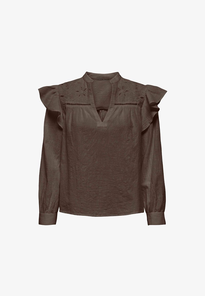 Blusa lunga marrone a maniche lunghe con scollo a V e spalle arricciate. Dotata di ricami floreali e un tessuto testurizzato.