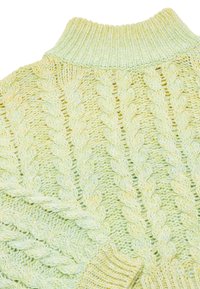Maglione lavorato a maglia verde chiaro con collo alto, caratterizzato da un design a trecce testurizzato e polsini a costine, che mette in mostra un aspetto morbido e accogliente.