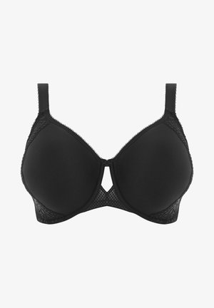 Sujetador negro con copas acolchadas, detalles de encaje a los lados y tirantes ajustables. El centro tiene un pequeño detalle de corte.