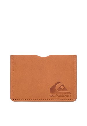 Brown faux leather cardholder with a top opening, featuring a debossed logo in the bottom corner and accent stitching along the edges.
