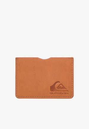 Brown faux leather cardholder with a top opening, featuring a debossed logo in the bottom corner and accent stitching along the edges.