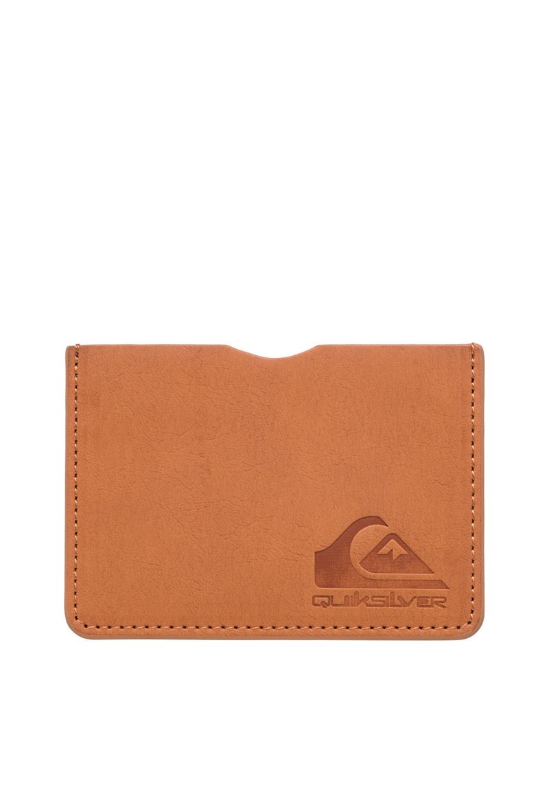 Brown faux leather cardholder with a top opening, featuring a debossed logo in the bottom corner and accent stitching along the edges.