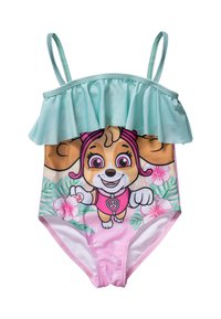 Maillot de bain rose avec un design de personnage représentant un visage de chien, des volants vert menthe en haut et des motifs floraux sur la moitié inférieure.