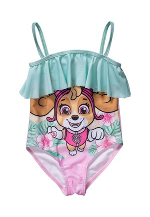 Pink swimsuit featuring a character design with a dog's face, mint green ruffles at the top, and floral patterns on the bottom half.