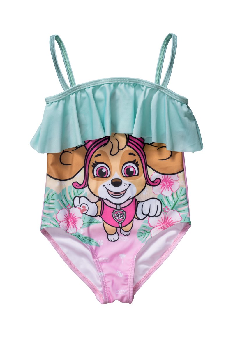 Maillot de bain rose avec un design de personnage représentant un visage de chien, des volants vert menthe en haut et des motifs floraux sur la moitié inférieure.