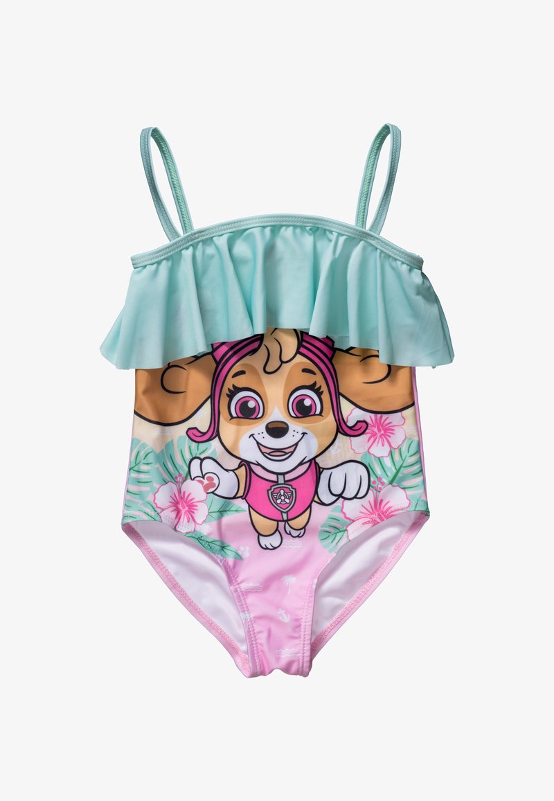 Maillot de bain rose avec un design de personnage représentant un visage de chien, des volants vert menthe en haut et des motifs floraux sur la moitié inférieure.