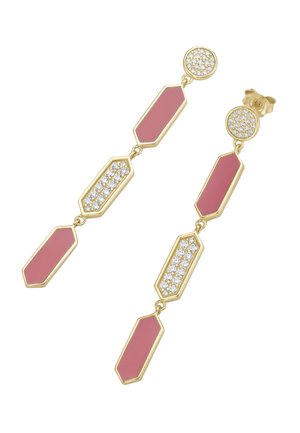 Gold drop earrings with three linked sections each: round tops with clear stones, middle pink hexagons, and bottom pink elongated hexagons.