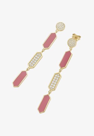 Goldene Tropfenohrringe mit drei verbundenen Abschnitten: runde Oberteile mit klaren Steinen, mittlere rosa Sechsecke und untere rosa längliche Sechsecke.