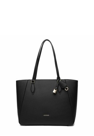 Schwarze Leder-Shopper-Tasche mit strukturierter Oberfläche, doppelten Schulterriemen, goldfarbenem Vorhängeschloss und kleinem Logo in der vorderen Mitte.