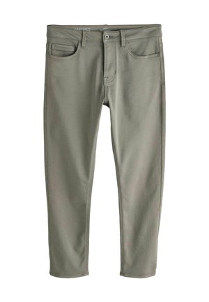 Herrenhose in Olivgrün, schlanke Passform, mit vorderem Knopf, Reißverschluss, Gürtelschlaufen und Fünf-Taschen-Design.