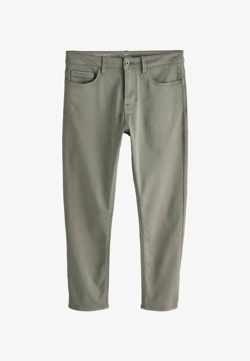 Pantalon slim pour hommes de couleur vert olive avec fermeture avant par bouton et zip, passants pour ceinture et style à cinq poches.